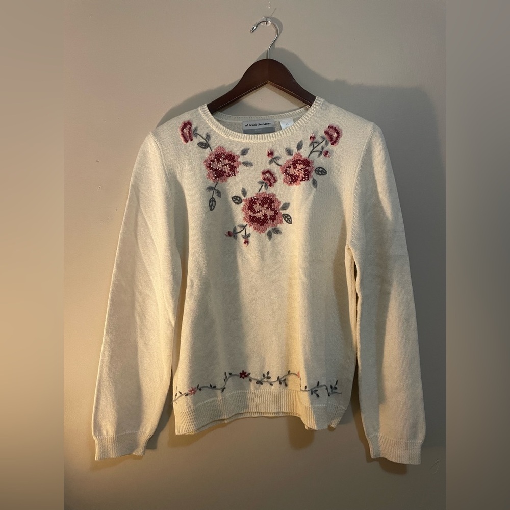 Alfred Dunner Cream Sweater with Pink Floral Design